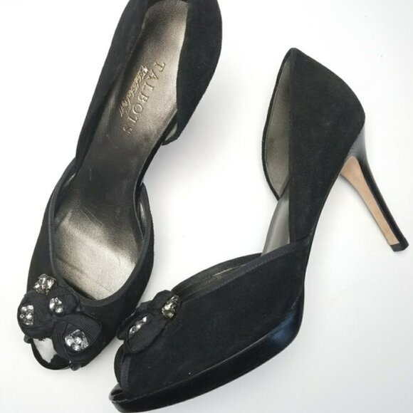 Talbots Black Suede Peep Toe Pump Beaded Toe Embellishment Size 9 - Picture 1 of 7